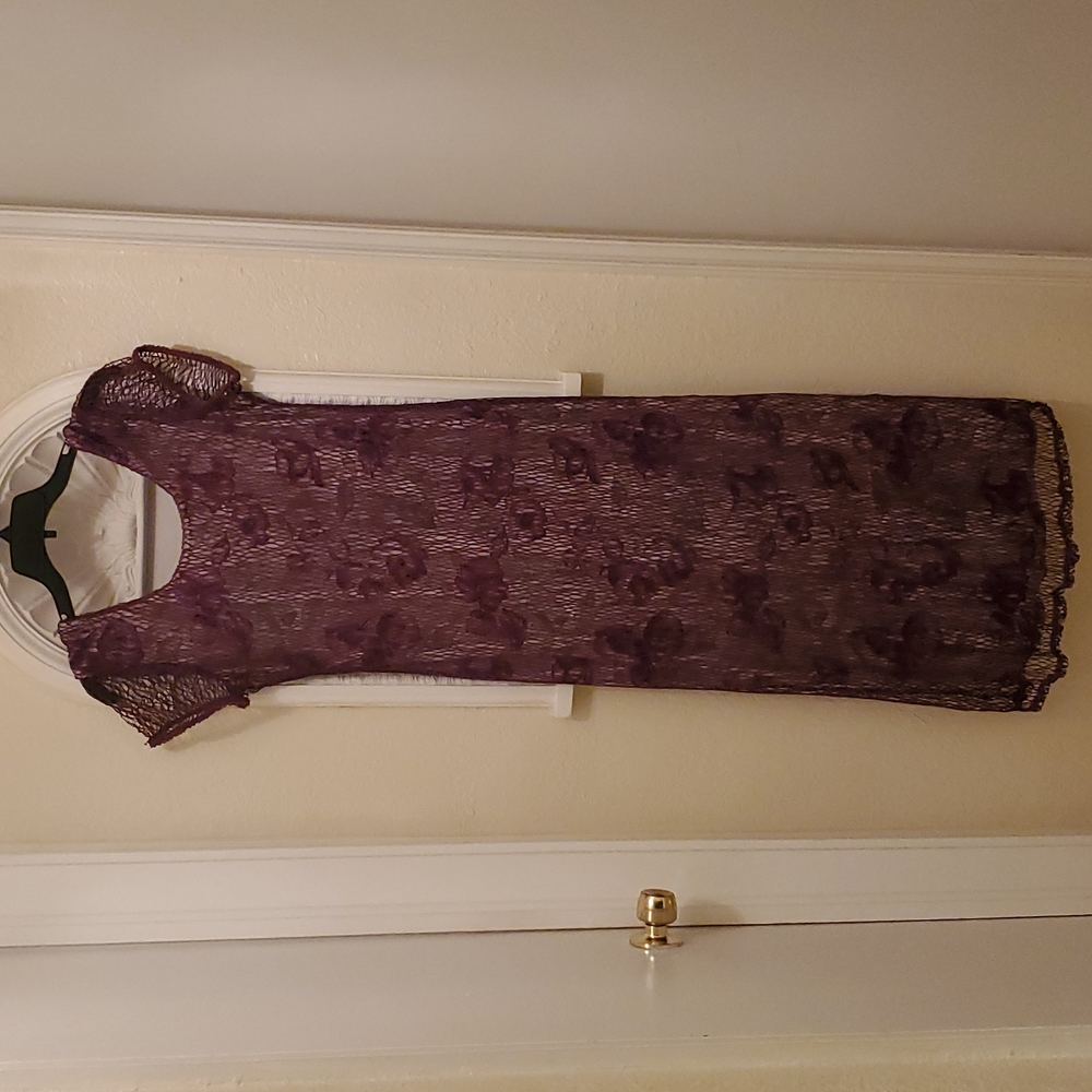 Caroline Wells Vintage 90s Y2K Medium, Plum mesh net floral dress.